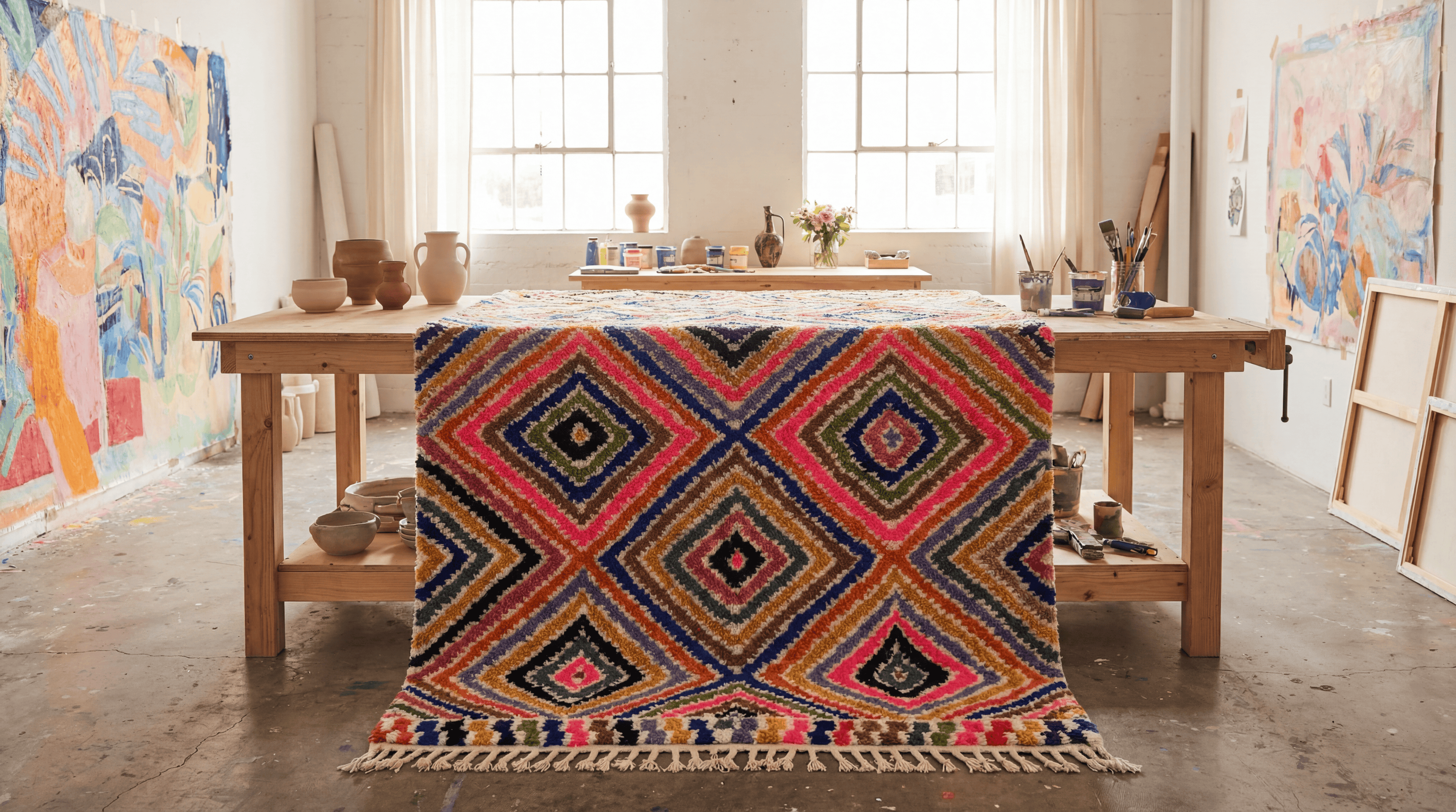 Azika rug close-up showing dense hand-knotted pile in electric pink, cobalt blue and saffron tones