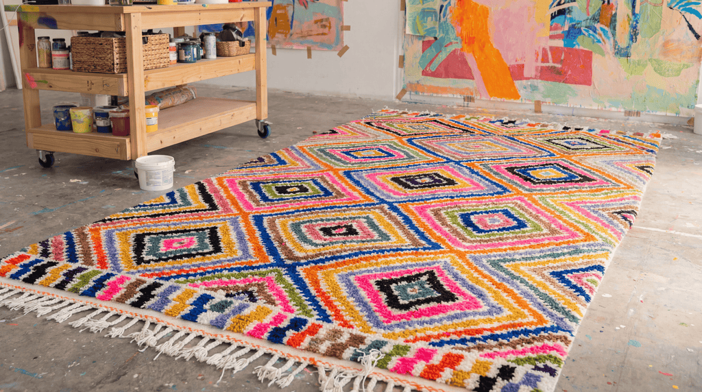 Azika one-of-a-kind Moroccan rug flat view - rainbow geometric grid with tasselled ends