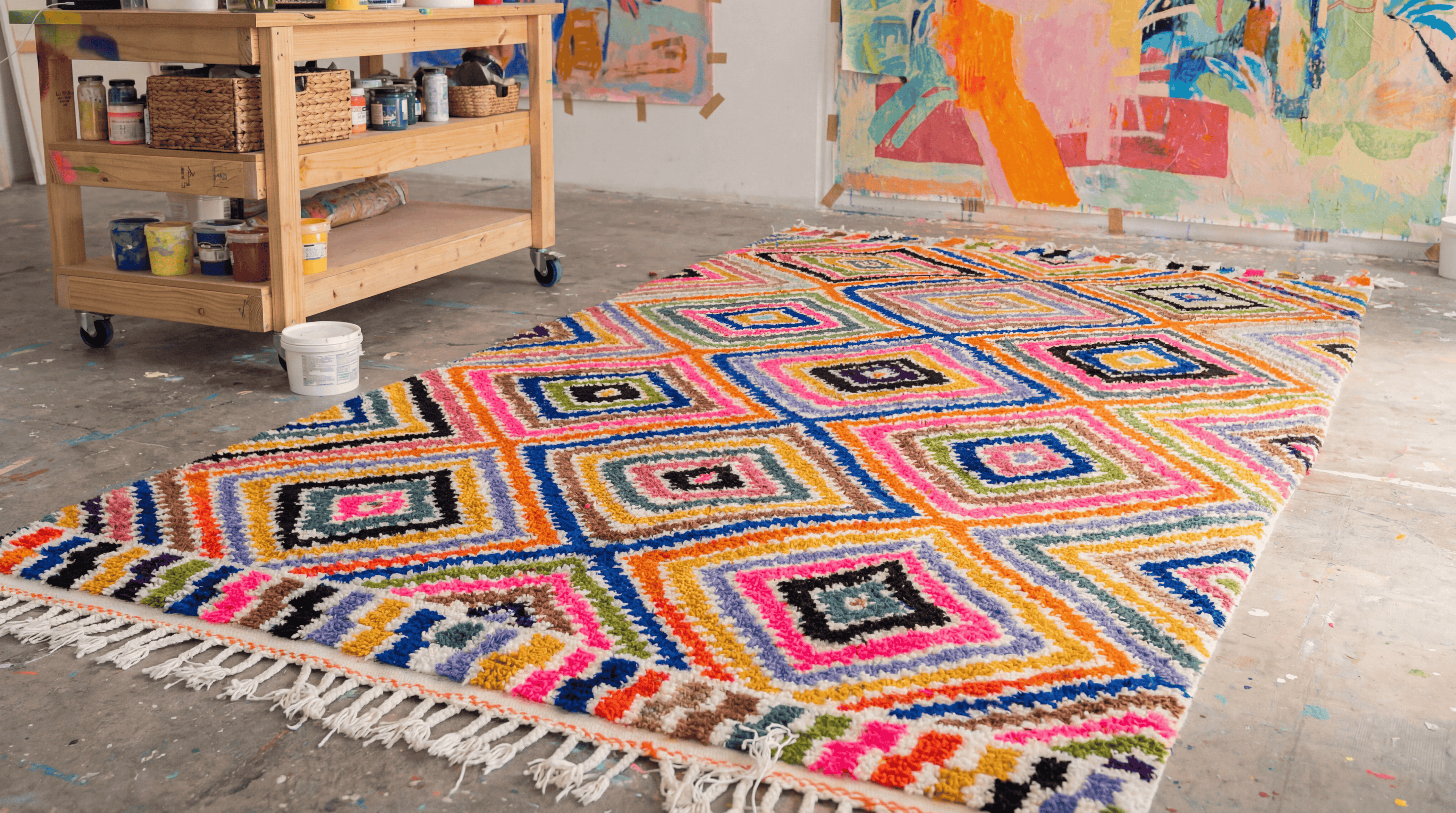 Azika one-of-a-kind Moroccan rug flat view - rainbow geometric grid with tasselled ends