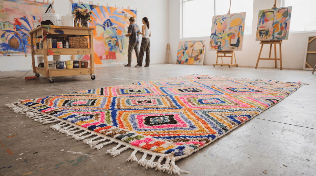 Azika handwoven Moroccan rug in colourful artist studio - vivid patchwork geometric pattern