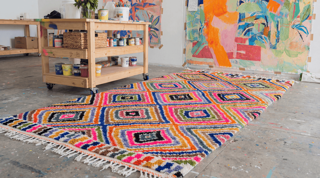 Azika multicolour geometric Moroccan rug - bold grid of pink, blue, yellow, green and orange squares on white ground, 265×158cm, Lemon Drops