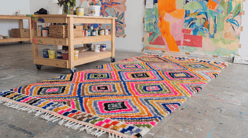 Azika multicolour geometric Moroccan rug - bold grid of pink, blue, yellow, green and orange squares on white ground, 265×158cm, Lemon Drops