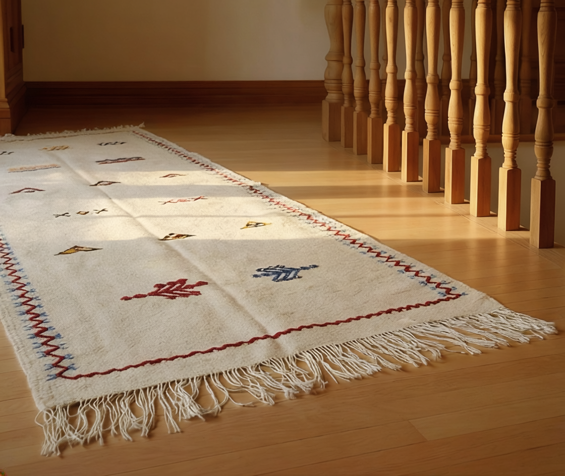 Dawn cream Moroccan hallway runner with scattered red and blue Berber motifs - long tasselled ends, natural wool, Lemon Drops Fresh Finds