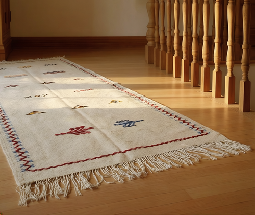Dawn cream Moroccan hallway runner with scattered red and blue Berber motifs - long tasselled ends, natural wool, Lemon Drops Fresh Finds