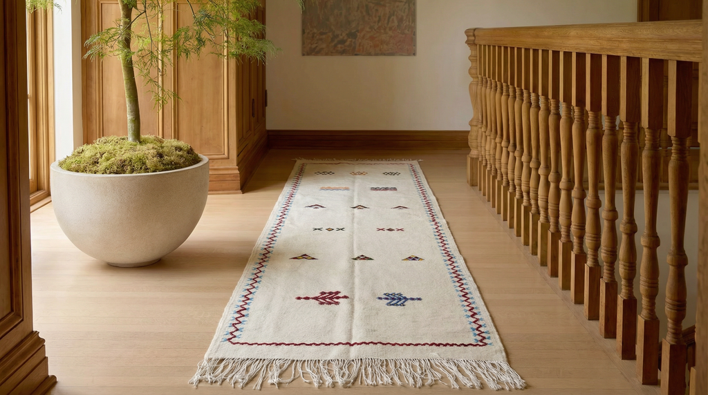 Dawn runner rug laid in light hallway interior - off-white ground with minimal indigo and red pattern detail