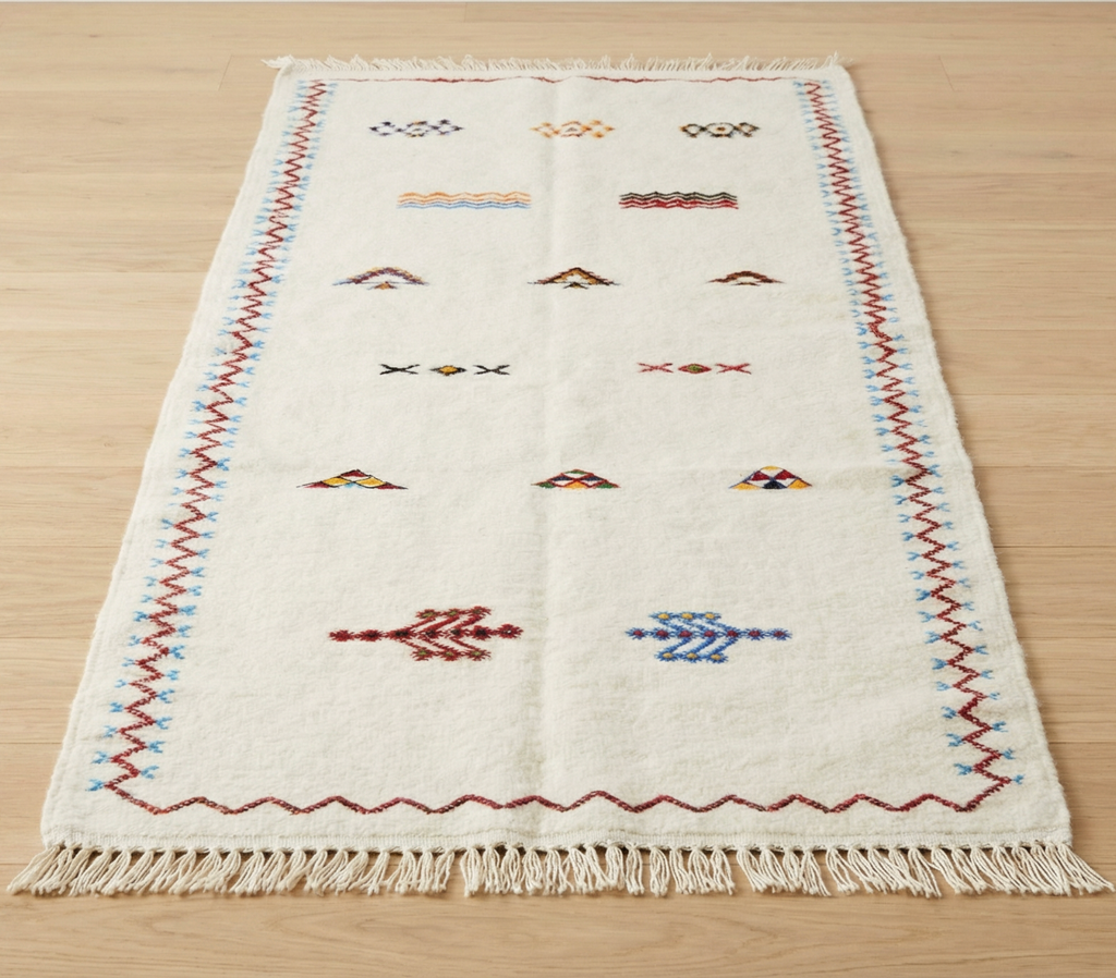 Dawn runner rug product photo - cream ground with sparse geometric markings and fringe