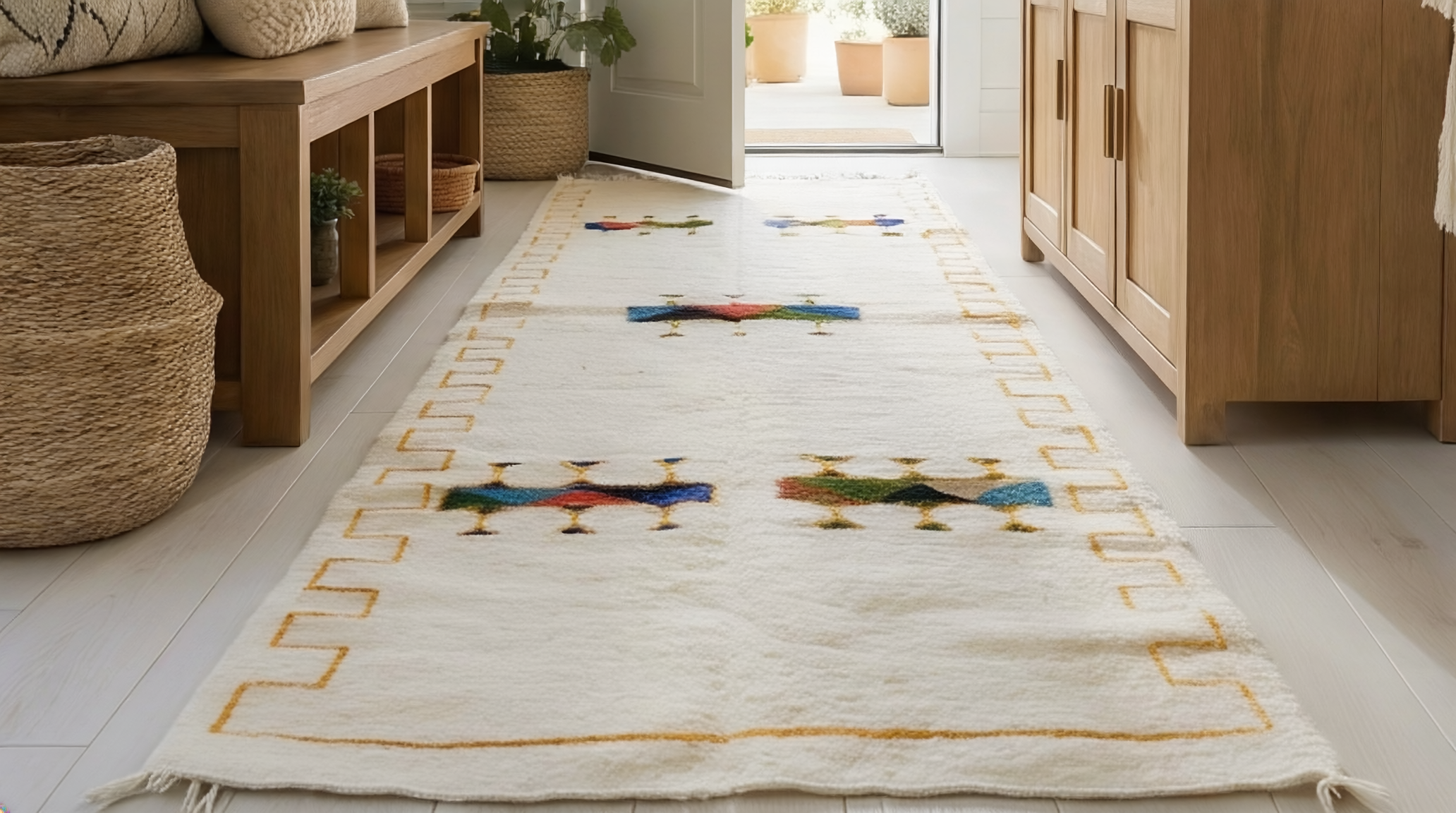 Kite carpet runner flatlay - cream ground with bold border and fringed ends
