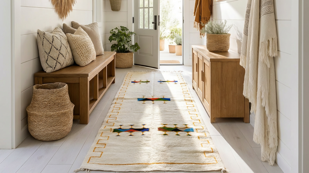 Kite cream wool carpet runner with gold geometric border and teal, red, green motifs - long fringe ends, Lemon Drops Fresh Finds