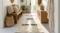 Kite cream wool carpet runner with gold geometric border and teal, red, green motifs - long fringe ends, Lemon Drops Fresh Finds