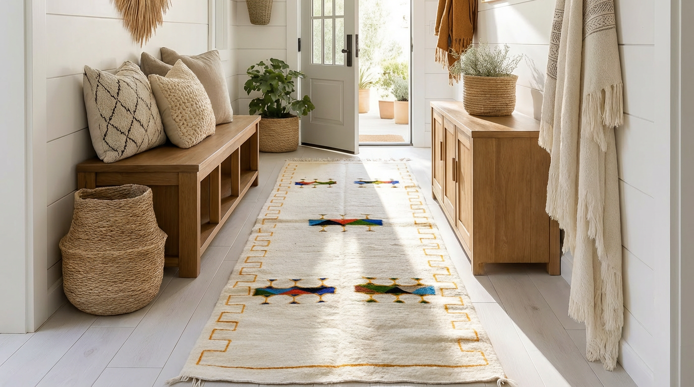 Kite cream wool carpet runner with gold geometric border and teal, red, green motifs - long fringe ends, Lemon Drops Fresh Finds