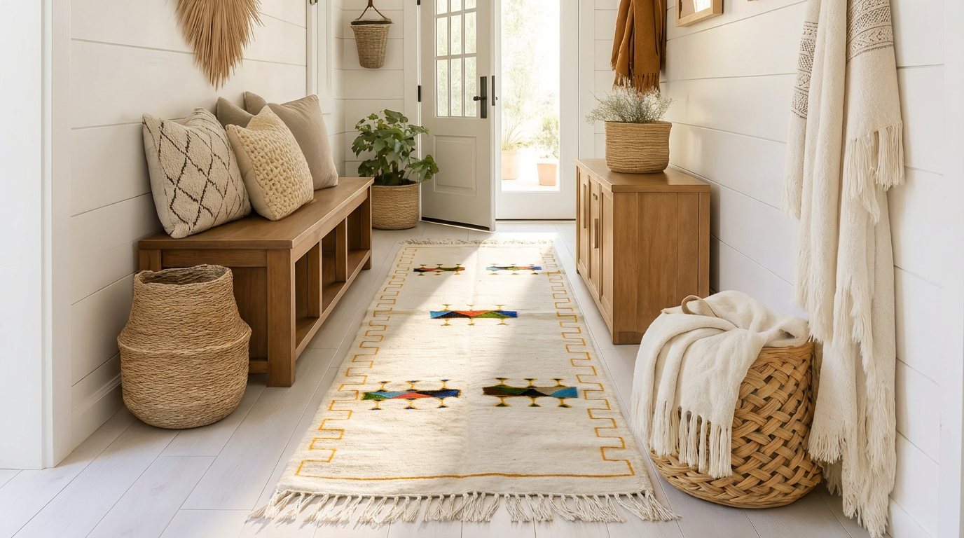 Kite runner rug in bright hallway setting -white ground with colourful diamond and cross motifs