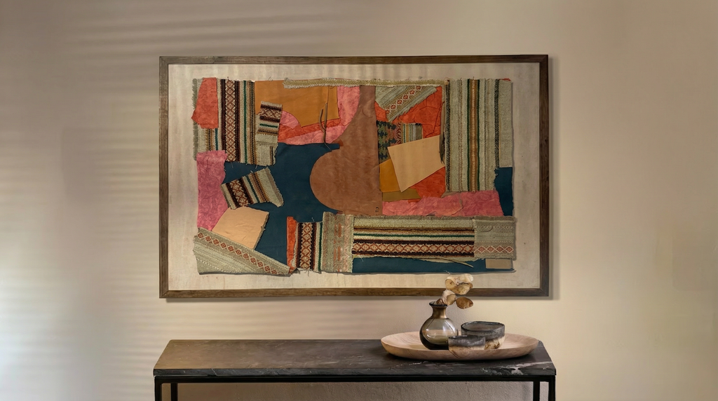 No.11 artwork in warm interior setting - large framed textile patchwork with geometric and abstract fabric panels