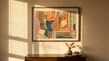 No.11 original patchwork wall art -  African fabrics in peach, teal, terracotta and stripe on wooden frame, Lemon Drops Original Zest