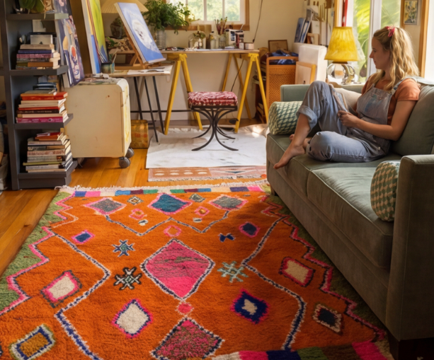 Noura rug close-up showing dense pile and scattered geometric motifs in pink, blue and white
