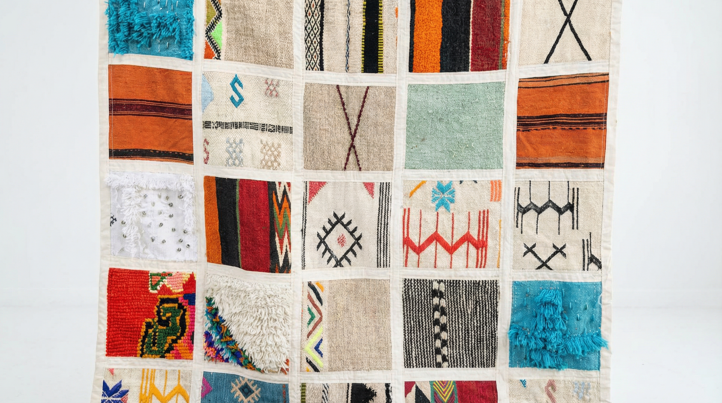 One-of-a-kind Moroccan textile map wall hanging displayed in living room, Lemon Drops