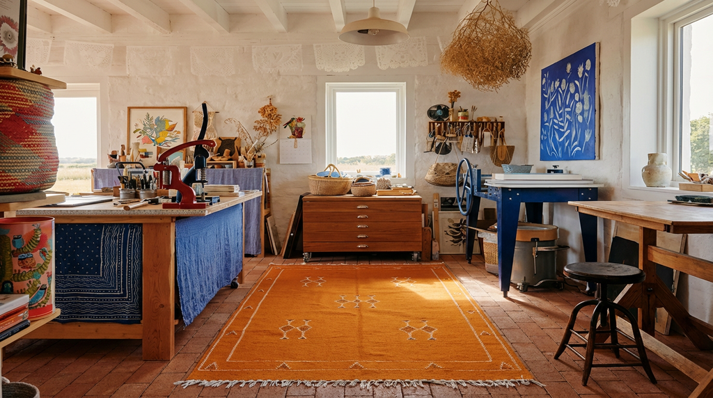 Orange One burnt orange Moroccan rug with white border and small geometric motifs - one-of-a-kind, Lemon Drops Fresh Finds