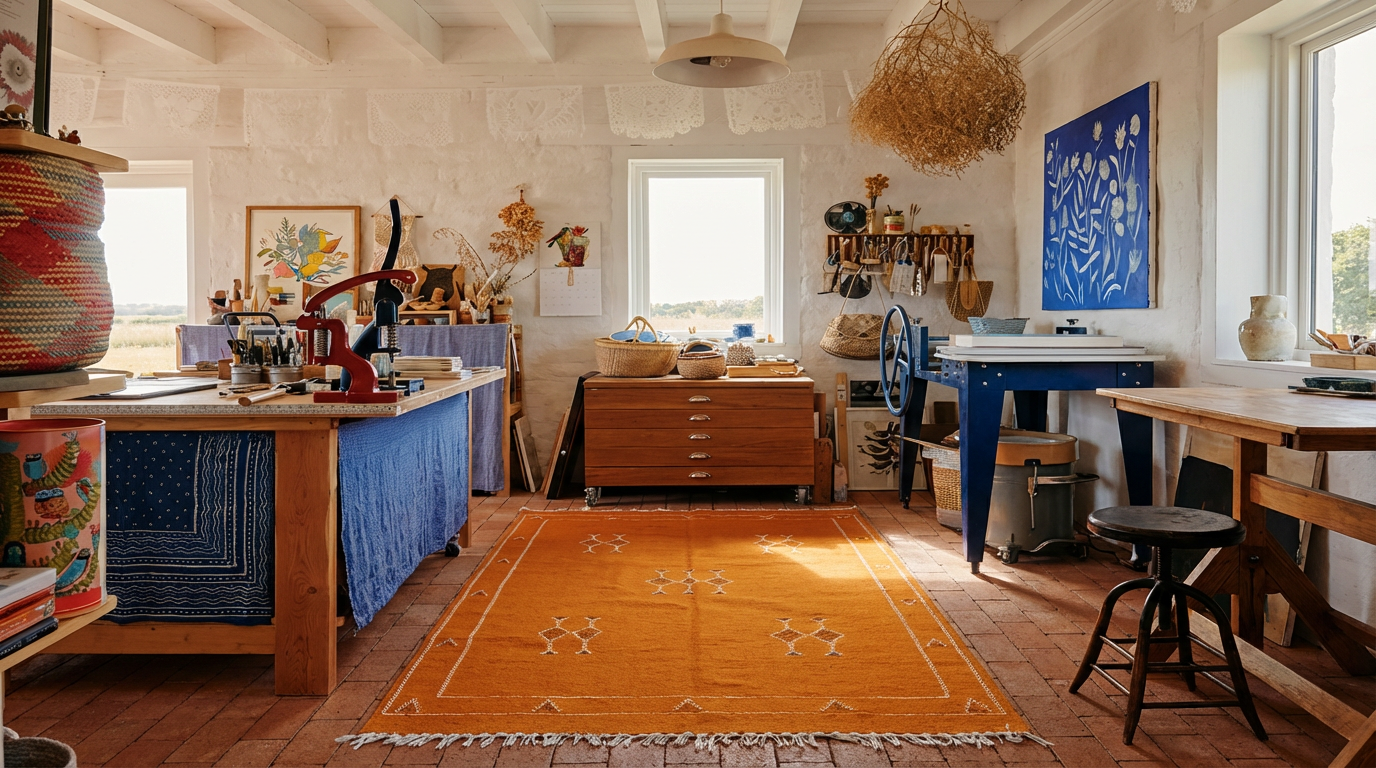 Orange One burnt orange Moroccan rug with white border and small geometric motifs - one-of-a-kind, Lemon Drops Fresh Finds