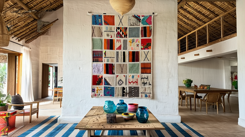 Patchwork Moroccan wall art made from handwoven wool textiles, Atlas Mountains