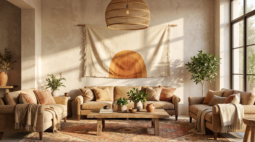 Solace artisan wall hanging in interior setting - neutral cream ground with statement arch design