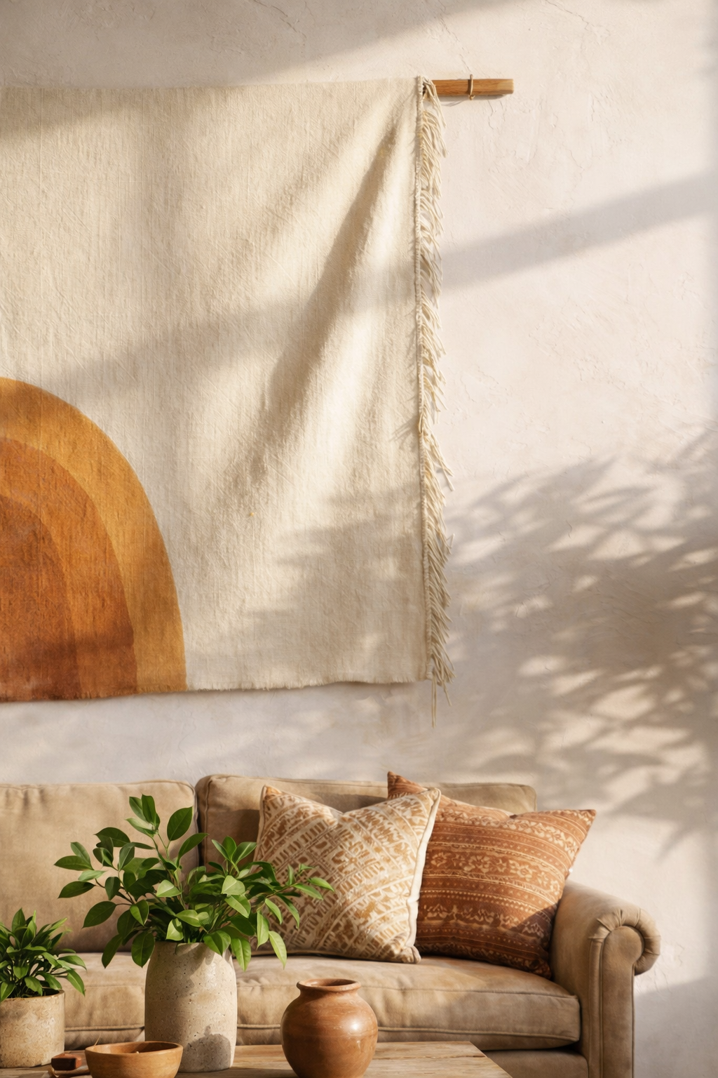 Solace wall hanging displayed in Mediterranean boho living room above rustic wood coffee table