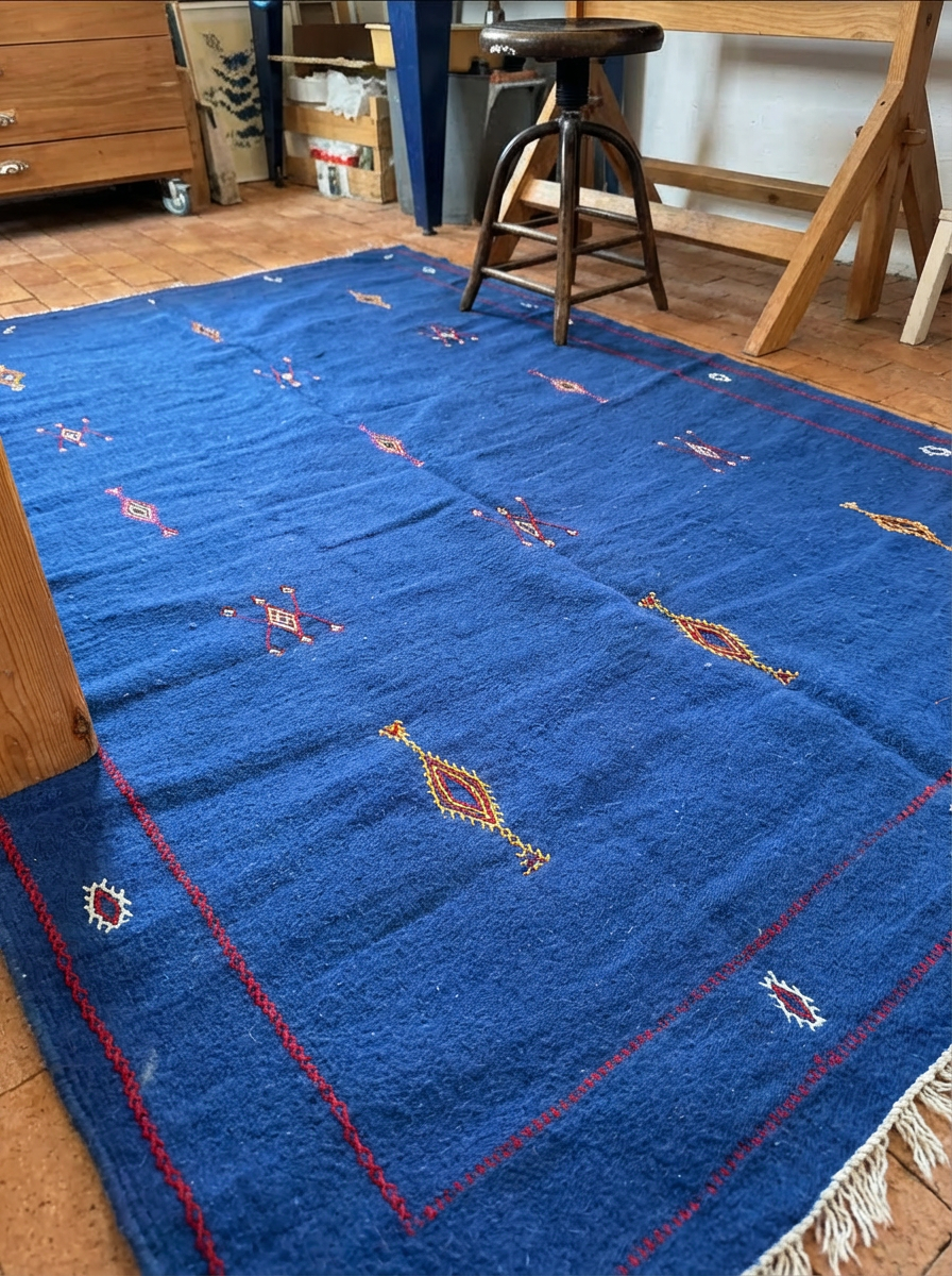 The Blue One blue rug in interior design setting - bold colour statement handmade rug UK