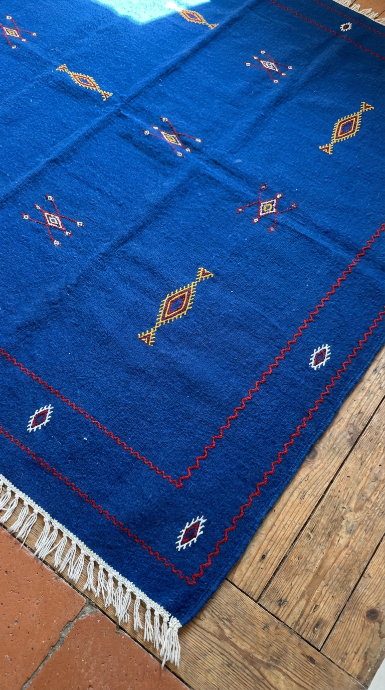 The Blue One close-up showing deep cobalt blue pile and white geometric motif detail
