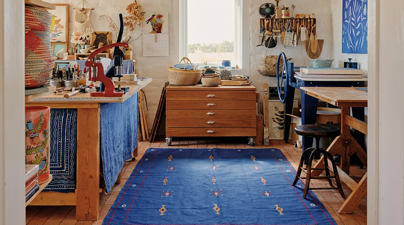 The Blue One deep cobalt blue Moroccan rug with white and pink scattered geometric motifs - one-of-a-kind, Lemon Drops Fresh Finds