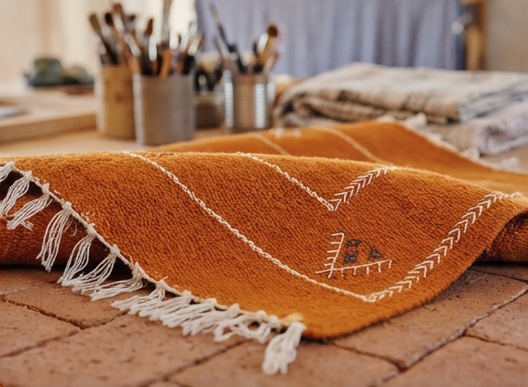 The Orange One Moroccan rug in interior setting - bold burnt orange statement rug UK