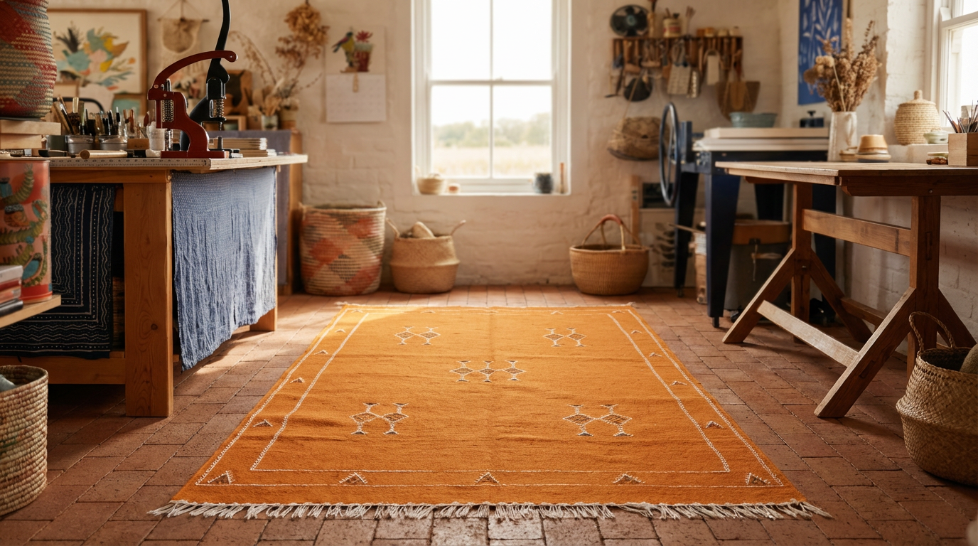 The Orange One large orange rug in artisan workshop setting - earthy warm tones with white geometric border