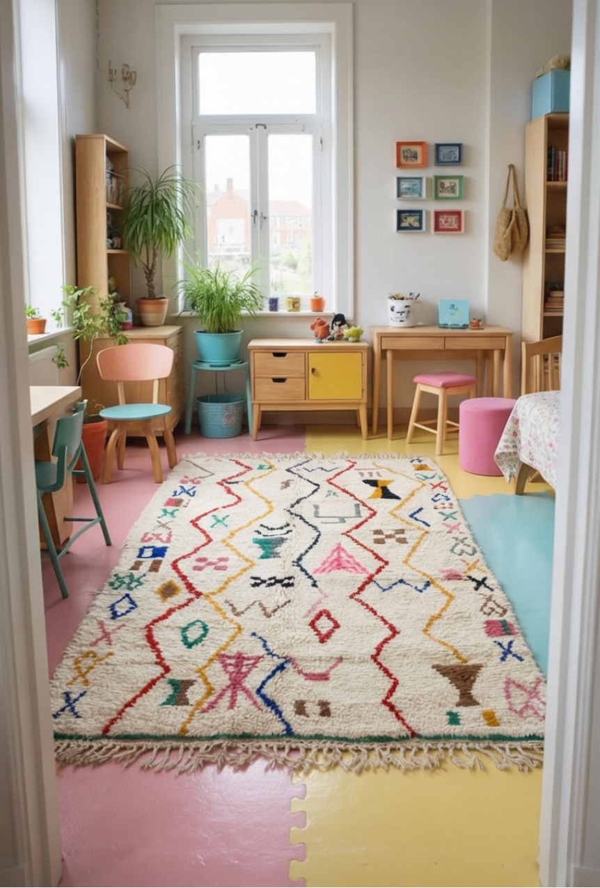 Utami one-of-a-kind Moroccan rug top view - cream ground with bold scattered colourful symbols