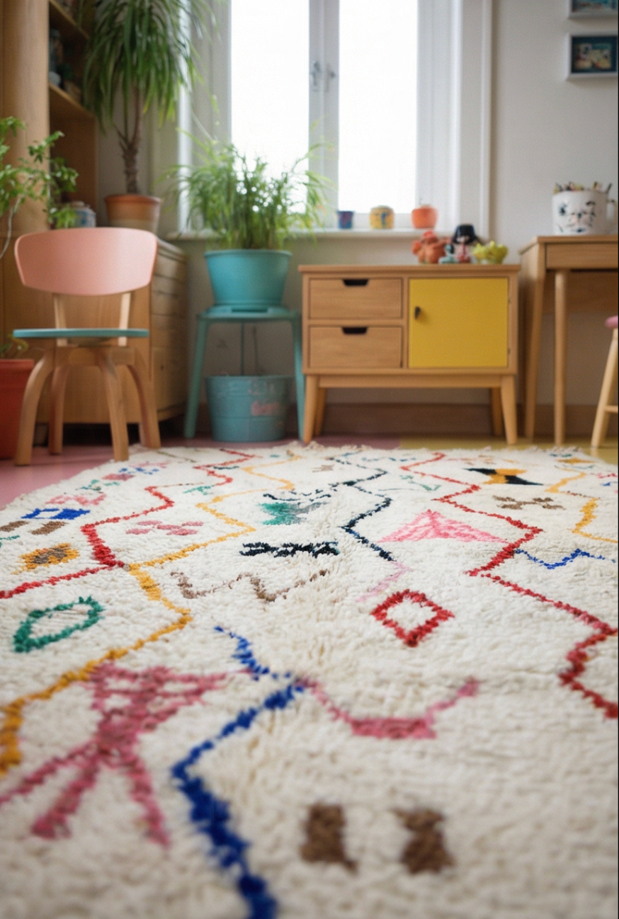 Utami thick cream rug in bright Scandi-style room with plants and colourful furniture