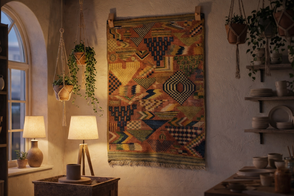 Vintage Ziggy amber and navy patchwork geometric wall hanging - bold zigzag and diamond panels in gold, black and blue, found in Essaouira, Lemon Drops