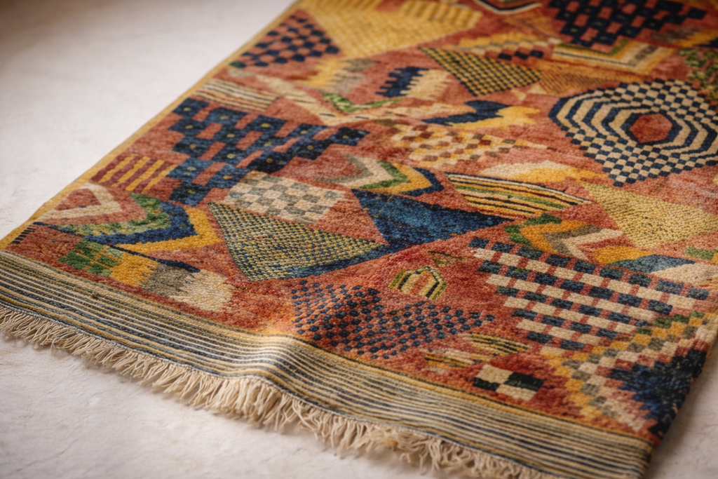 Vintage Ziggy close-up showing patchwork of different geometric weave panels in warm gold and dark navy tones