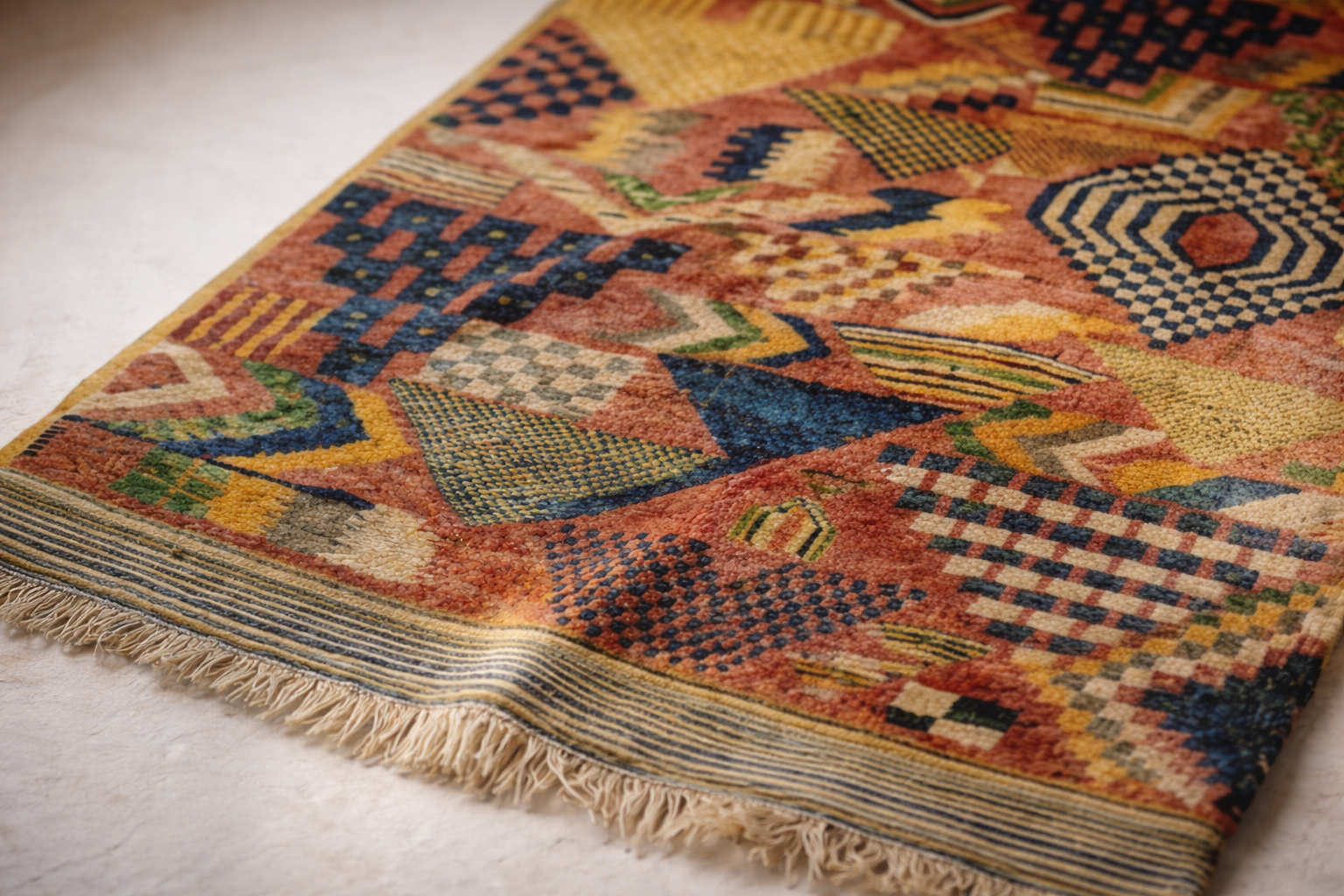 Vintage Ziggy close-up showing patchwork of different geometric weave panels in warm gold and dark navy tones