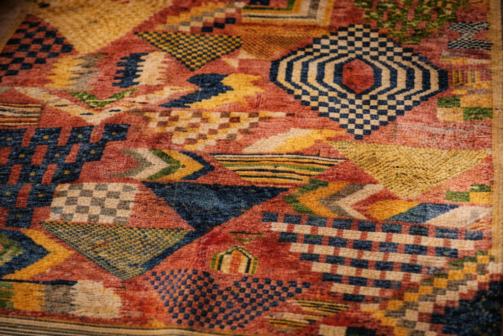 Vintage Ziggy hung on wall in warm interior - rich amber and navy geometric patchwork textile