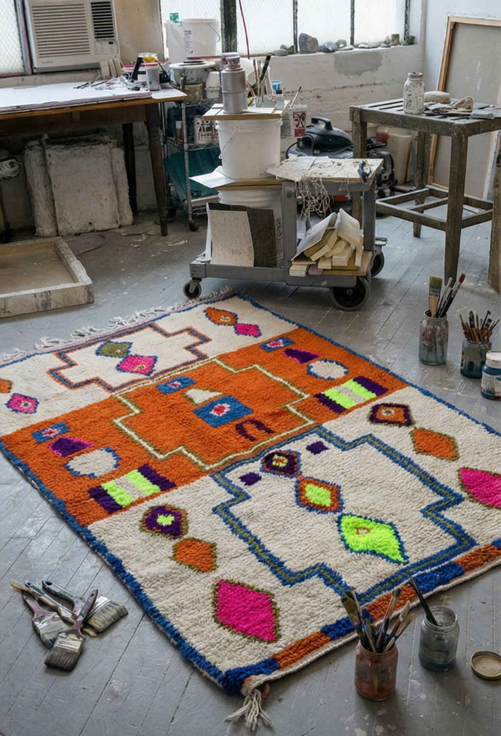 Zilka bold patchwork Moroccan rug in large industrial studio space with hammock and warehouse windows