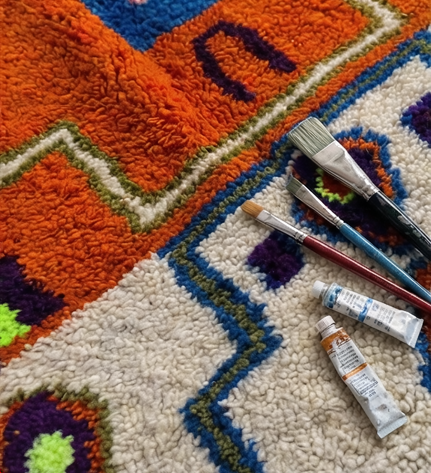 Zilka rug close-up showing vivid orange, pink and blue hand-knotted wool sections