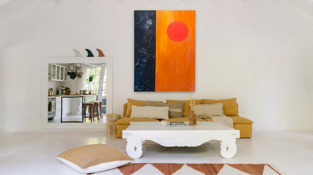 No.10 artwork displayed in living room above mustard sofa - bold orange circle on dark navy canvas