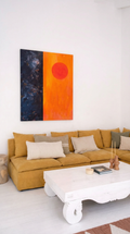 No.10 original abstract painting  large vivid orange circle on deep navy and black ground, Lemon Drops Original Zest